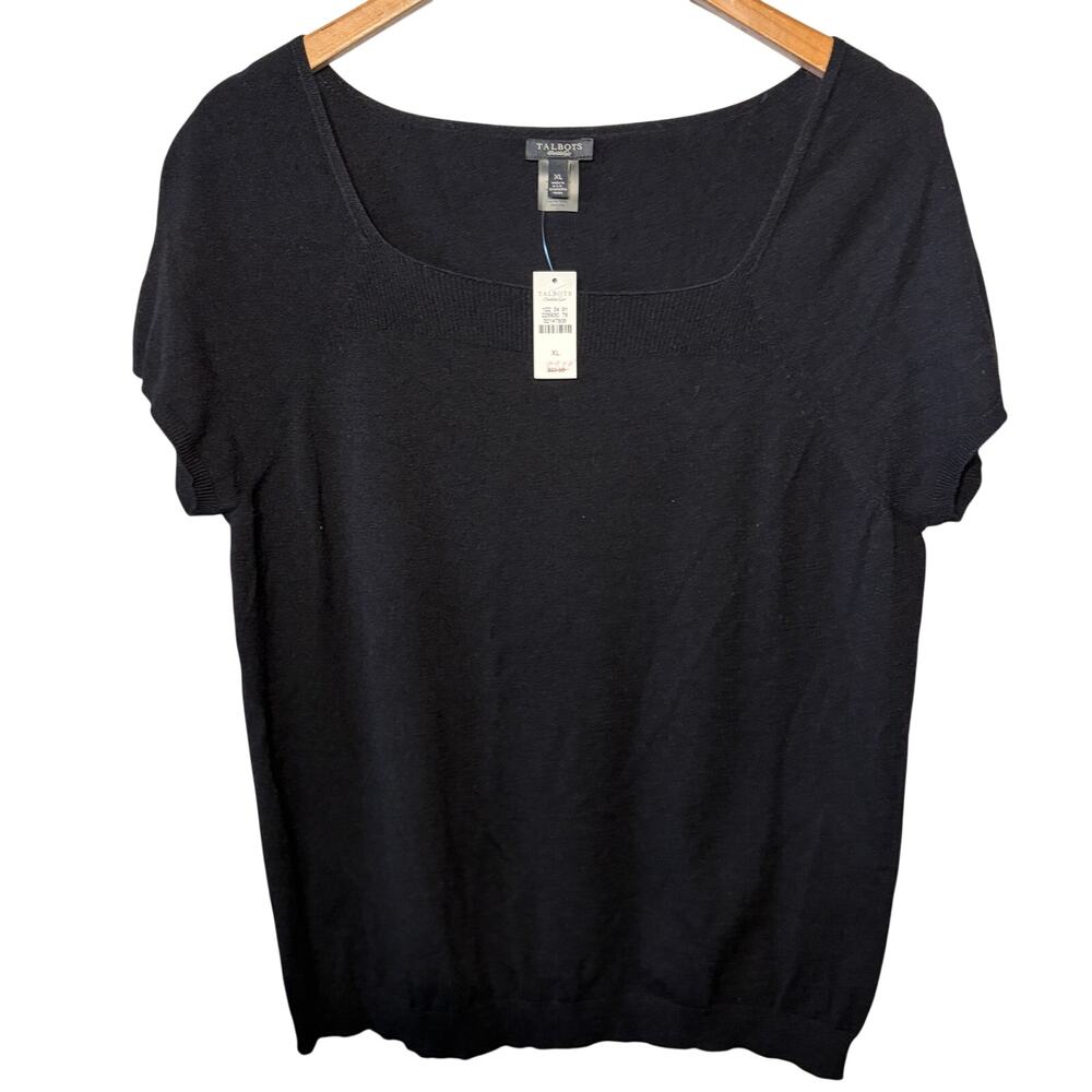 Talbots Sweater Short Sleeve Black Square Neck Knit Spring Casual Office XL NWT